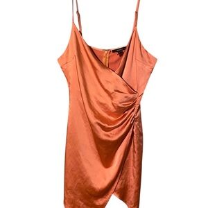 Forever 21 Faux Wrap Satin Dress Women Medium Sleeveless Orange Asymmetrical Hem